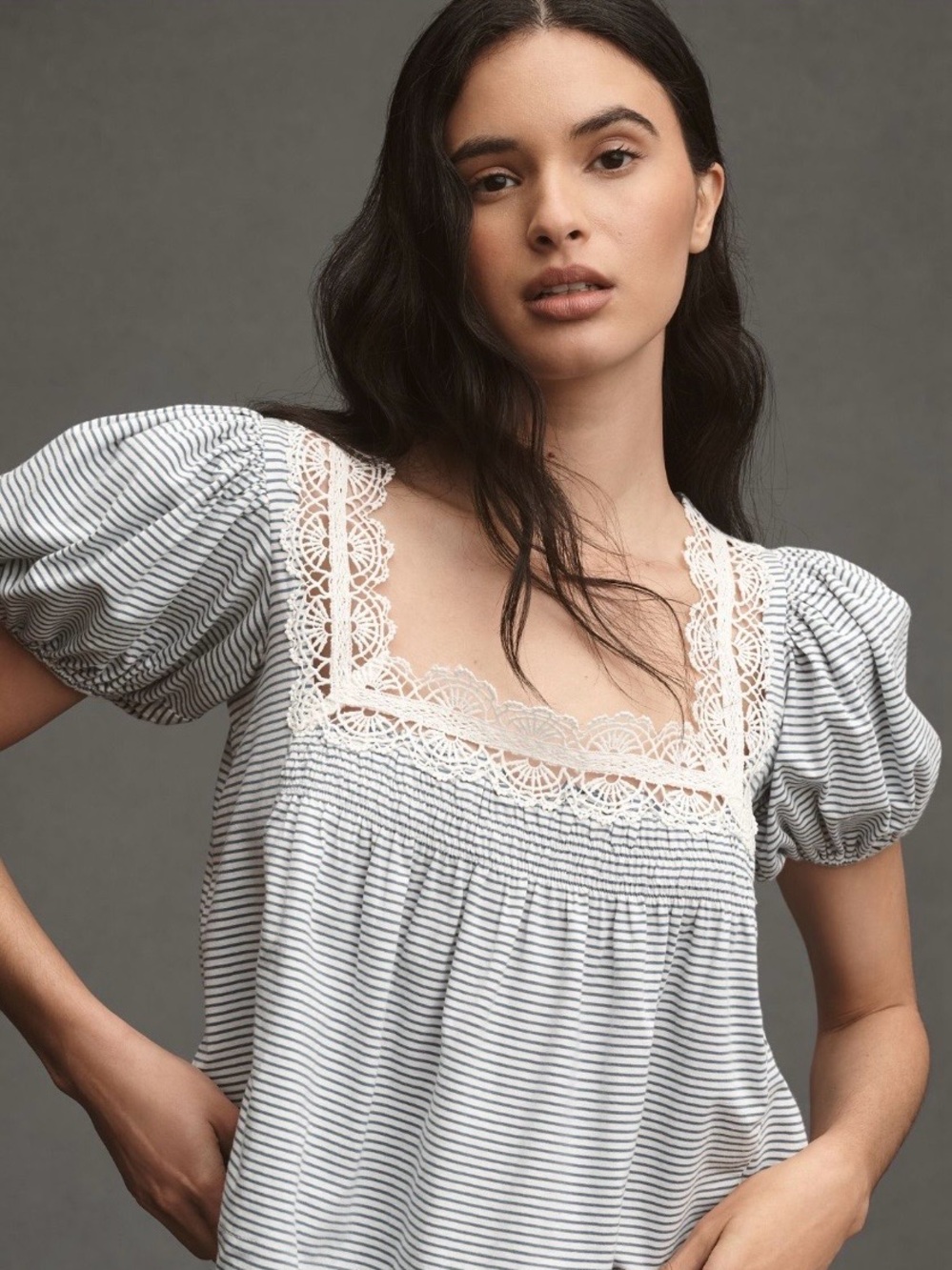Maeve Navy & White Striped Puff Sleeve Top with Lace Square Neck